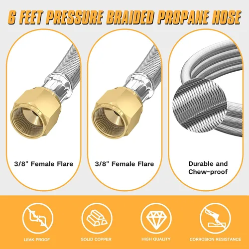 Vista 2 de Extensión de manguera de propano trenzada de alta presión de 6 pies con acoplamiento de conversión de 3/8 pulgadas a 1/2 pulgadas NPT hembra, NPT