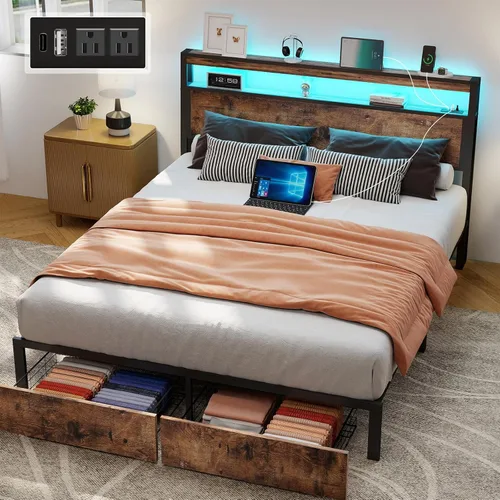 Vista 21 de SADENICEL Base de cama Queen con cabecera de almacenamiento y 2 cajones, marco de cama de plataforma de metal con luz LED, estación de carga,