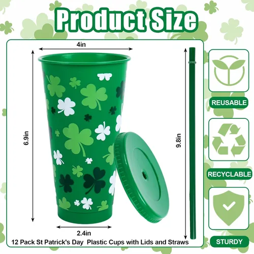 Vista 2 de JarThenaAMCS 12 vasos de plástico del día de San Patricio con tapa con pajilla, vaso de plástico de 24 onzas, trébol de la suerte verde y blanco
