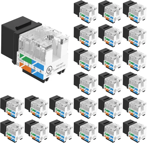 VCE UL Listed Cat6 RJ45 Keystone Jack Insert 25-Pack, 90 Degree Punch Down Keystone Jack Adapter Slim Profile Negro