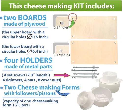 Vista 5 de Prensa de queso de madera para suministros de fabricación de queso, guías de metal de 16 pulgadas y 2 moldes de queso con pistón seguidor de 1.3