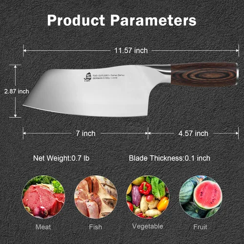 Vista 3 de TUO Cuchillo de chef chino profesional de 7 pulgadas de acero inoxidable alemán de alto carbono con mango ergonómico de madera de Pakkawood