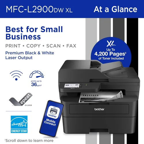 Vista 2 de Brother MFC-L2900DW XL Impresora láser compacta monocromática inalámbrica todo en uno con copia y escaneo dúplex, fax, blanco y negro Incluye