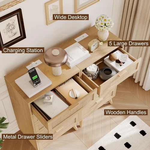 Vista 21 de Rovaurx Cómoda doble de 6 cajones para dormitorio, cómoda de ratán, cómoda de madera moderna con asas doradas, mesa auxiliar para armario, sala
