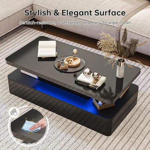 Vista 6 de oneinmil Mesa de centro LED moderna, mesas de sala de estar de 40 pulgadas con luces LED de 16 colores, diseño de doble capa, elegantes mesas