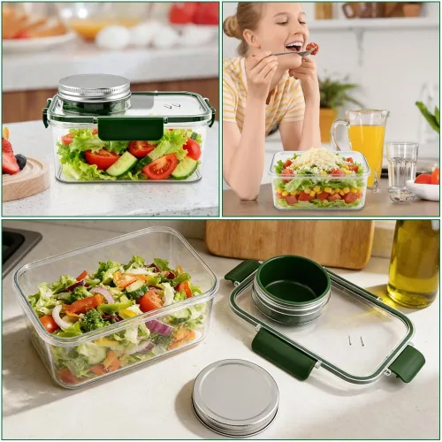Vista 4 de Tarro de ensalada portátil con taza de salsa y tenedor, recipiente grande para ensalada, tarro de Sala-d Pod Mason a prueba de fugas, adecuado