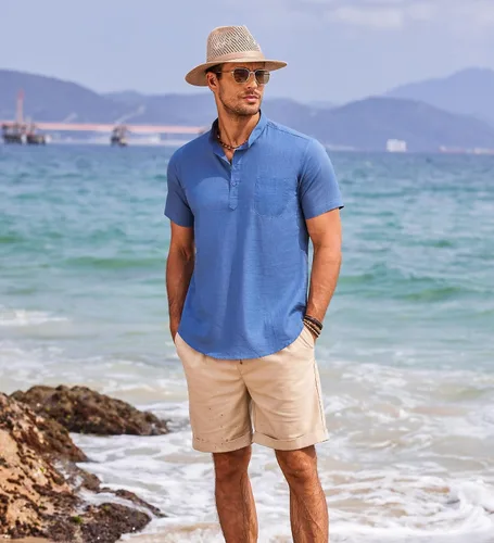 Vista 7 de COOFANDY - Camisetas henley de algodón y lino para hombre, manga larga, con bolsillo, de estilo hippie, informal, para la playa