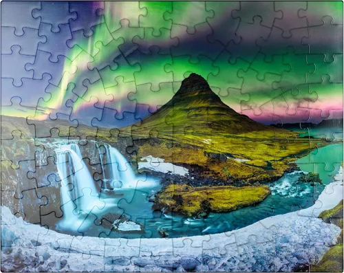 MyPuzzle Northern Lights Aurora Borealis At Kirkjufell in Island - Rompecabezas prémium de 100 piezas para adultos