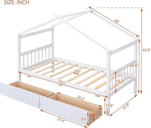 Vista 156 de Merax Cama de madera de tamaño individual con dos cajones, marco de cama de madera con techo para niños, adolescentes, niños o niñas, gris