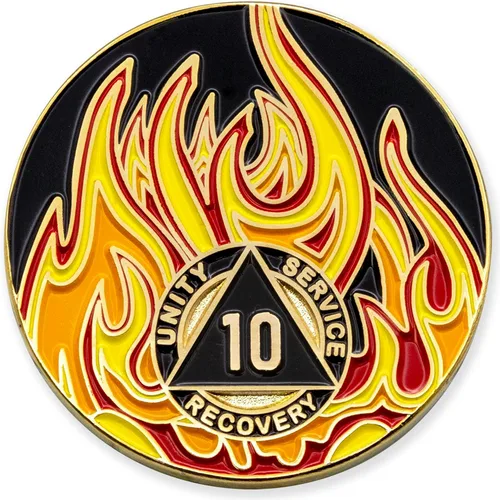 Vista 85 de Medallón de recuperación AA chapado en oro de 1 año Twisted Flames - Negro/Rojo/Naranja/Amarillo