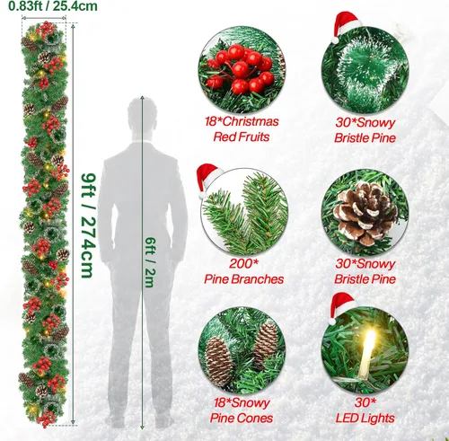Vista 6 de Guirnalda de Navidad con luces: guirnalda iluminada de 9 pies con conos de pino bayas rojas, decoración navideña interior y exterior para chimenea