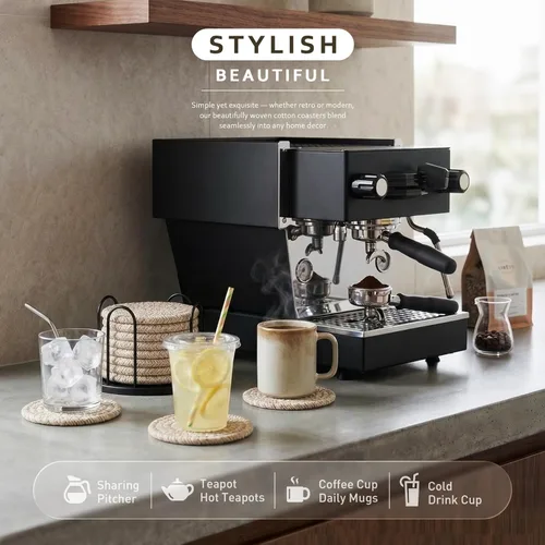 Vista 3 de Juego de posavasos Lazebox de 8 para bebidas, cerveza, café, posavasos absorbentes tejidos de algodón con soporte, posavasos boho para decoración