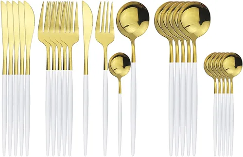 Vista 16 de Juego de cubiertos negros de acero inoxidable de 24 piezas, servicio para 6, vajilla pulida con espejo, cuchillo tenedor y cuchara para el hogar