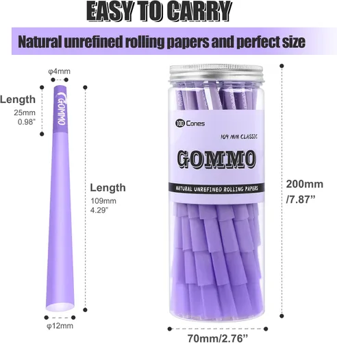 Vista 5 de GOMMO Paquete de 100 conos preenrollados, tamaño King, papel de liar de conos morados naturales con cuchara de embalaje dorada incluida