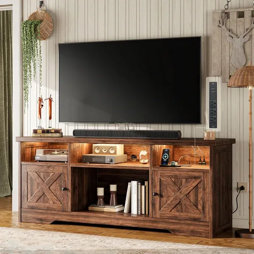 Vista 11 de Casaottima Soporte de TV para televisor de 65 pulgadas, centro de entretenimiento de estilo granja con toma de corriente y luz LED y gabinetes