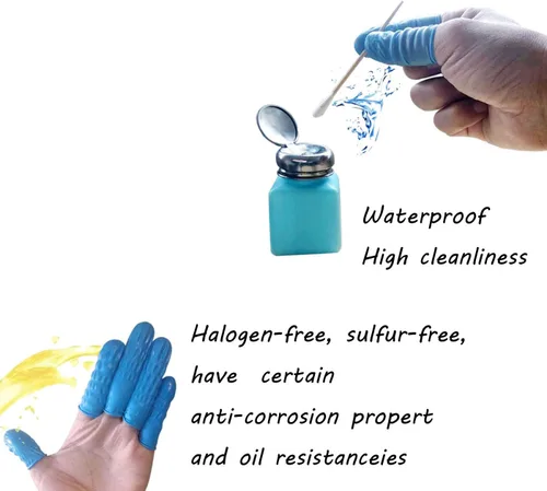 Vista 4 de Cunas de nitrilo desechables medianas, protectores de dedos antiestáticos, antialérgicos, adecuadas para belleza, limpieza, masaje, reparación Azul