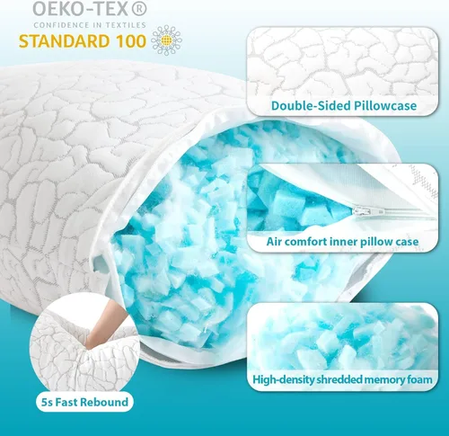 Vista 4 de Almohadas refrescantes para dormir, 1 paquete, almohadas de espuma viscoelástica trituradas ajustables de tamaño estándar, almohadas de cama firmes