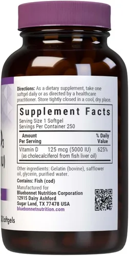 Vista 2 de Bluebonnet Nutrition Vitamina D3 - Cápsulas blandas de 5000 UI, ayuda en el crecimiento muscular y esquelético, colecalciferol de aceite de pescado