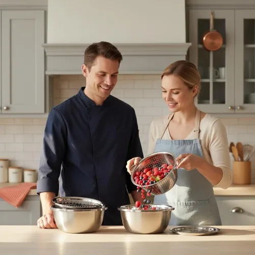 Vista 7 de Cuenca multifuncional de acero inoxidable 3 en 1, trituradora y drenaje de acero inoxidable con tapa de rallador, colador y tazón para mezclar