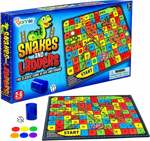 Gamie Juego de mesa de serpientes y escaleras para niños, juego completo con tabla, 6 clavijas y dados, diversión clásica para noche de juegos