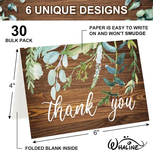 Vista 2 de Whaline Paquete de 30 tarjetas de agradecimiento rústicas con sobres, calcomanías de acuarela, eucalipto marrón, tarjetas de felicitación