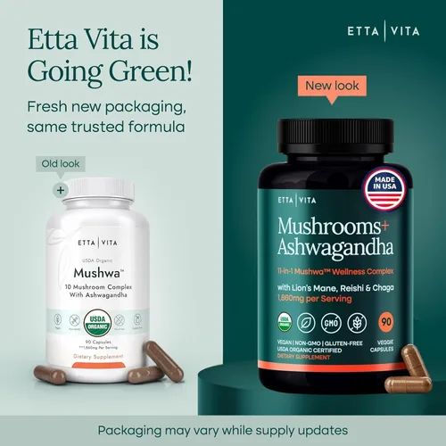 Vista 2 de Cápsulas de suplemento de hongos melena de león USDA Organic con Ashwagandha, Chaga, Reishi, Cordyceps, Cola de Turquía (18,600mg/serv) Complejo