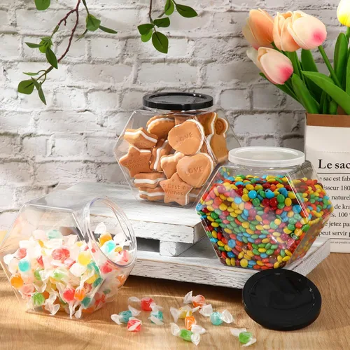Vista 7 de Dandat 18 tarros de plástico con forma hexagonal para galletas con tapa de 28 onzas, tarro transparente de boca ancha para galletas, dulces