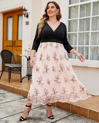 Vista 3 de GRAPENT Vestido largo de fiesta con lentejuelas y mangas 34 para mujer, talla grande