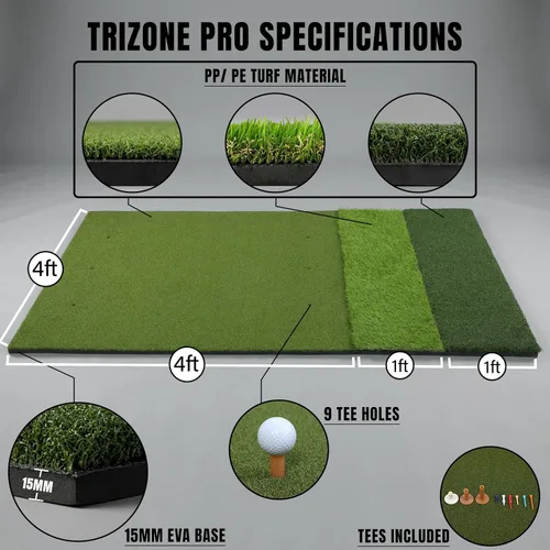 Vista 8 de TriZone Pro - Alfombrilla de golf prémium de 6 x 4 pies Tri Turf Golf Mat Tapetes de golf para práctica en interiores, exteriores, con simulador