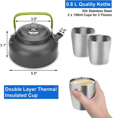 Vista 5 de Odoland Kit de utensilios de cocina para camping, olla ligera con 2 tazas, kit de cuchara de tenedor de acero inoxidable, gris para mochileros