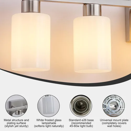 Vista 17 de Lámpara de tocador de baño de 6 luces, lámpara de níquel cepillado con pantallas de vidrio esmerilado blanco lechoso, iluminación grande sobre