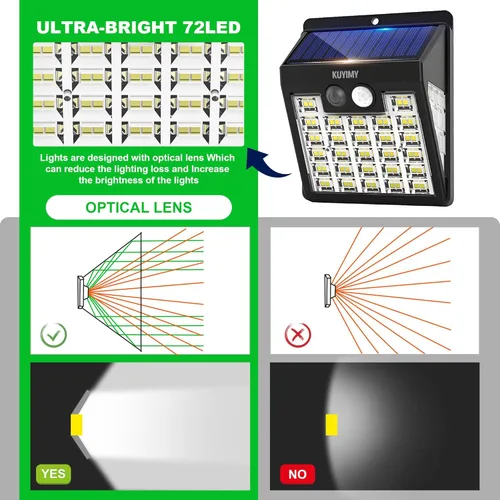 Vista 5 de Luces solares al aire libre, luz de pared con sensor de movimiento de 72 LED, IP65 impermeable y 3 modos de iluminación, luz de seguridad
