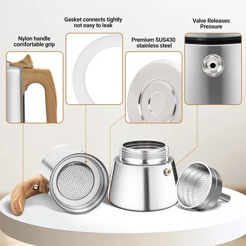 Vista 7 de Cafetera Moka de 2 Tazas Sin Revestimiento de Acero Inoxidable 304 Engrosado para Estufa Cafetera de Café Espresso 100ml 3.4oz Percolador Mocha