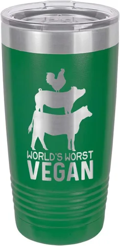 Vista 14 de Taza de viaje con pajita grabada a láser con citas de barbacoa, de la marca World's Worst Vegan, de 20 onzas, para comparar con Yeti Rambler Negro