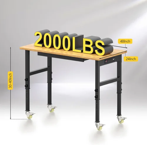 Vista 7 de Banco de trabajo resistente de altura ajustable de 48 pulgadas, banco de trabajo con parte superior de madera de goma, con cajones de toma