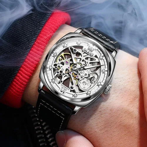 Vista 3 de OUPINKE Relojes automáticos de esqueleto para hombre, mecánica, cuerda automática, correa de cuero elegante, estilo steampunk, luminoso