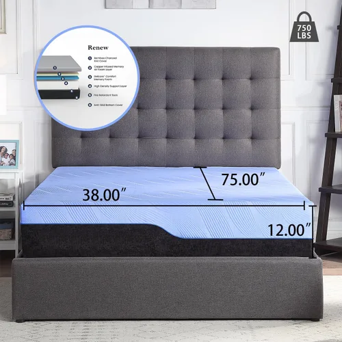 Vista 2 de 12 Inch Twin Size Mattress, Cooling Hybrid Mattresses, Breathable Bed in A Box, Built in Pocketed Coils and Gel Memory Foam Layer, Avaliable in