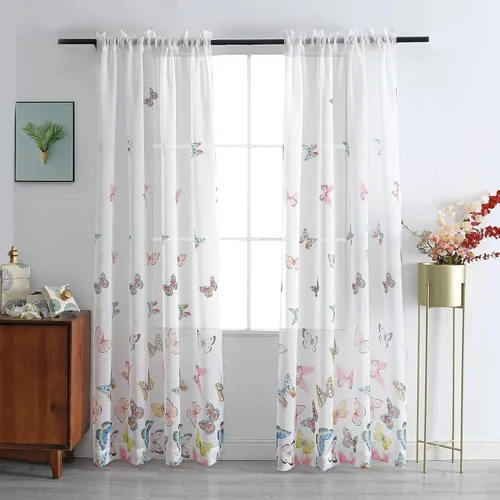 Vista 10 de VISIONTEX Cortinas transparentes con estampado de gasa, estilo abstracto europeo, estampado de hojas azules y amarillas, 2 paneles para decoración