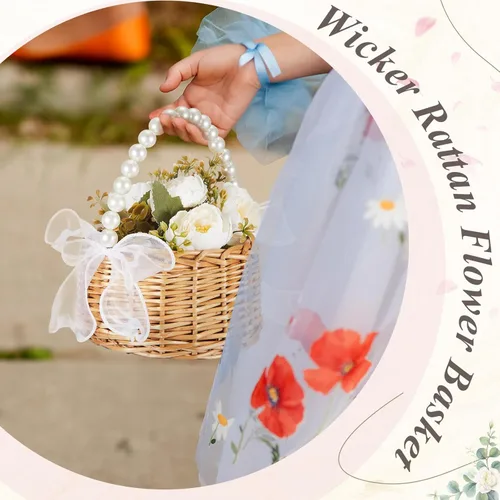 Vista 3 de Thyle 4 cestas para niña de las flores con asa, 7.87 x 4.33 pulgadas, ratán de mimbre, ligeras, marrón (hilo de cola de pez, perlas)