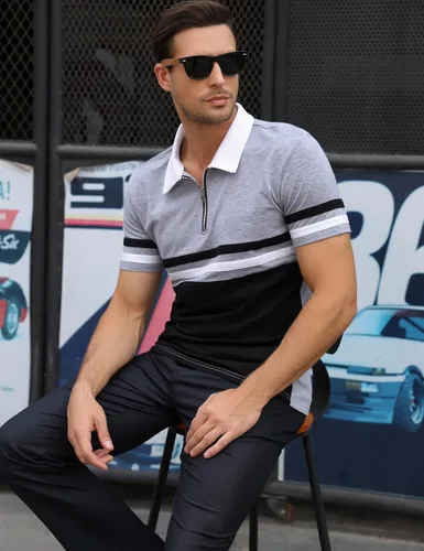 Vista 5 de EliteSpirit Polo de manga corta para hombre, a rayas, casual, con cuello de rugby