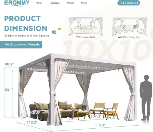 Vista 2 de EROMMY Pérgola con Persianas 10' x 10' Pérgola de Techo Rígido para Exteriores con Marco de Aluminio y Techo de Metal Ajustable Impermeable