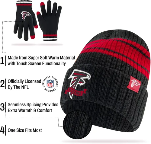 Vista 4 de Ultra Game Adults NFL Official Super Soft Team Stripe Winter Beanie Knit Hat with Extra Warm Touch Screen Gloves