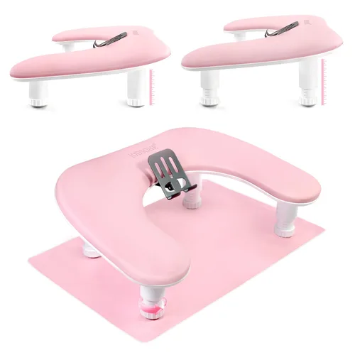 JODSONE Reposabrazos de manicura rosa en forma de U para uñas con soporte de teléfono integrado giratorio de 360° y reposabrazos ajustable para uñas