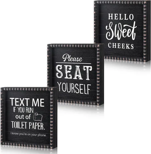 Yousoontic 3 piezas divertidas de decoración de madera para baño, texto "Please Text Me If You Run out of the Toilet Paper Sign Seat Yourself Sign