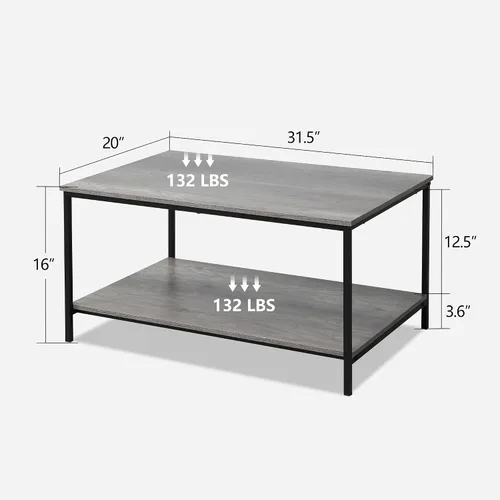 Vista 3 de SENIG Mesa de café de 2 niveles con estante de almacenamiento para espacios pequeños, mesa auxiliar rectangular de madera de roble gris y metal