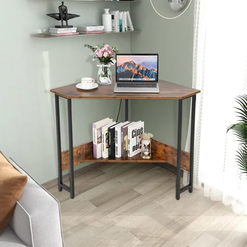 Vista 8 de COSTWAY Escritorio esquinero para computadora, con puertos USB y toma de corriente, estante de almacenamiento para espacios pequeños, escritorio