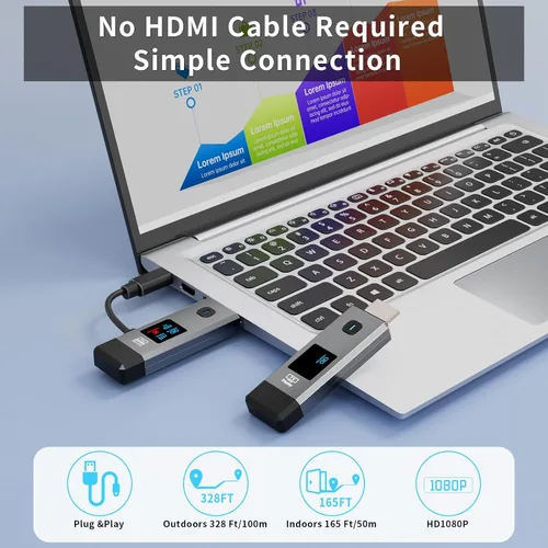 Vista 2 de Wireless HDMI Transmitter and Receiver 328ft/100m Extender 4K Decode Input 1080P Output Plug&Play Portable 2.4G/5.8G for Video and Audio to Monitor