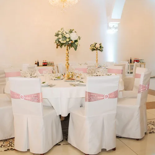 Vista 7 de Queekay 80 bandas elásticas para silla, elásticas de una cara, de elastano, con lentejuelas, con hebilla, para bodas, hoteles, banquetes, fiestas