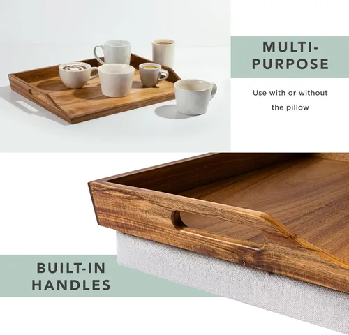 Vista 4 de ROSSIE HOME Bandeja de Cama de Madera de Acacia, Escritorio de Regazo con Cojín Desmontable, Bandeja para Servir - Natural - Se Adapta a Portátiles