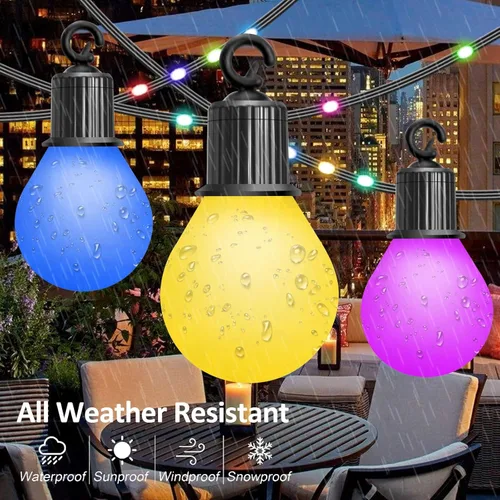 Vista 4 de Tira de luces para exteriores de 41 pies, 20 bombillas regulables + 80 cuentas LED, luces RGB para patio con control remoto, IP65, impermeable